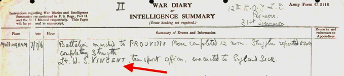 Lt. W.S. Vincent evacuated to England 7th July 1916